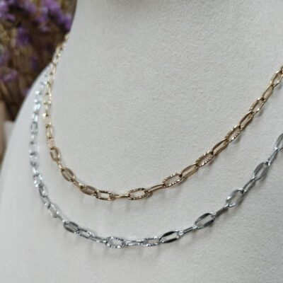 Colliers maillons larges et martelés acier inoxydable doré ou argenté