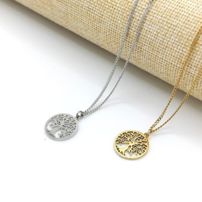 Colliers Pendentifs ronds abre de vie argenté et doré